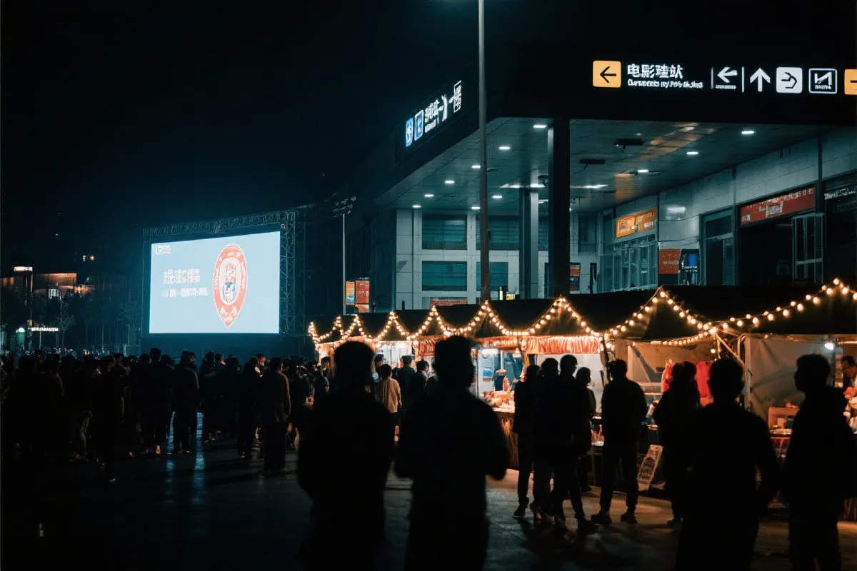 费城球迷广场夜景：大屏观赛人群、步行指示牌与公共交通入口